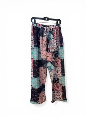 Patchwork Print Wide-Leg Pants - Pink & Teal